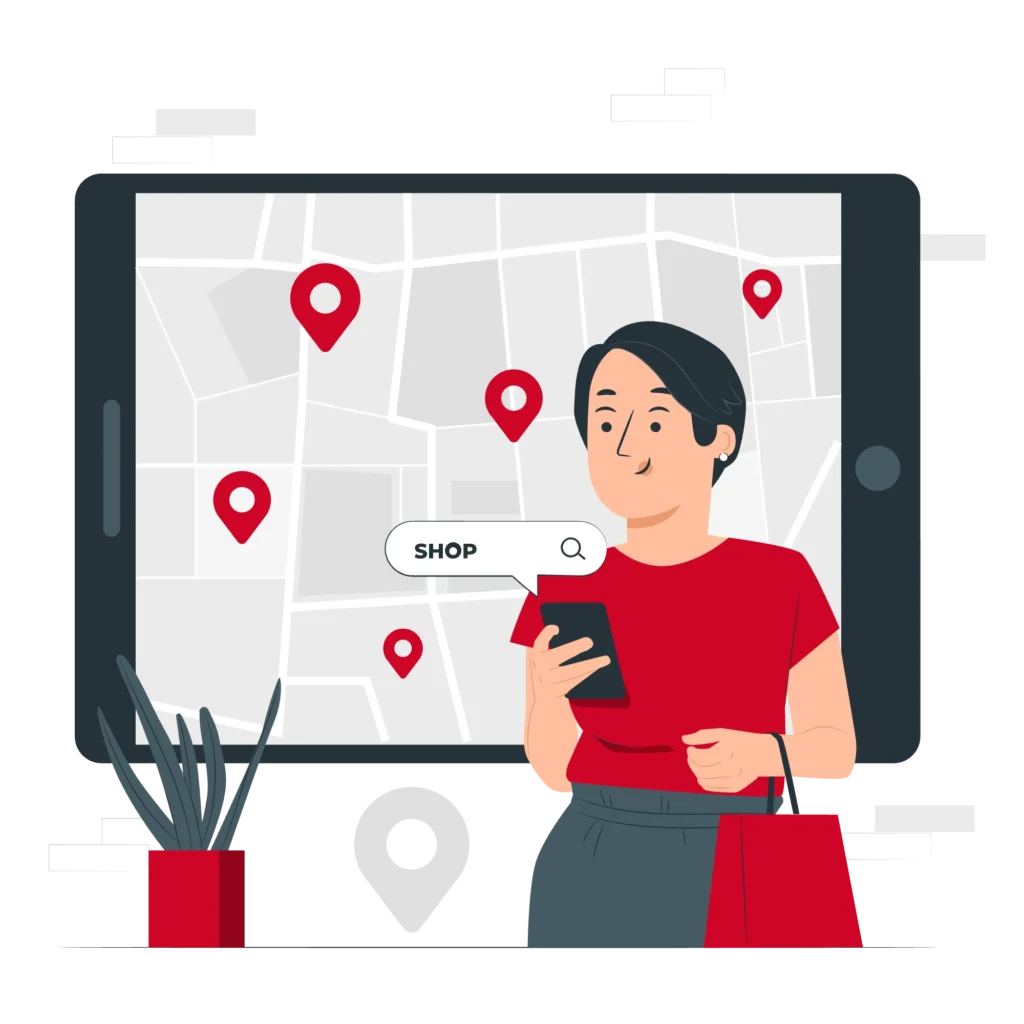 Illustration of a woman holding a smartphone, searching for product availability on a digital map with multiple location pins