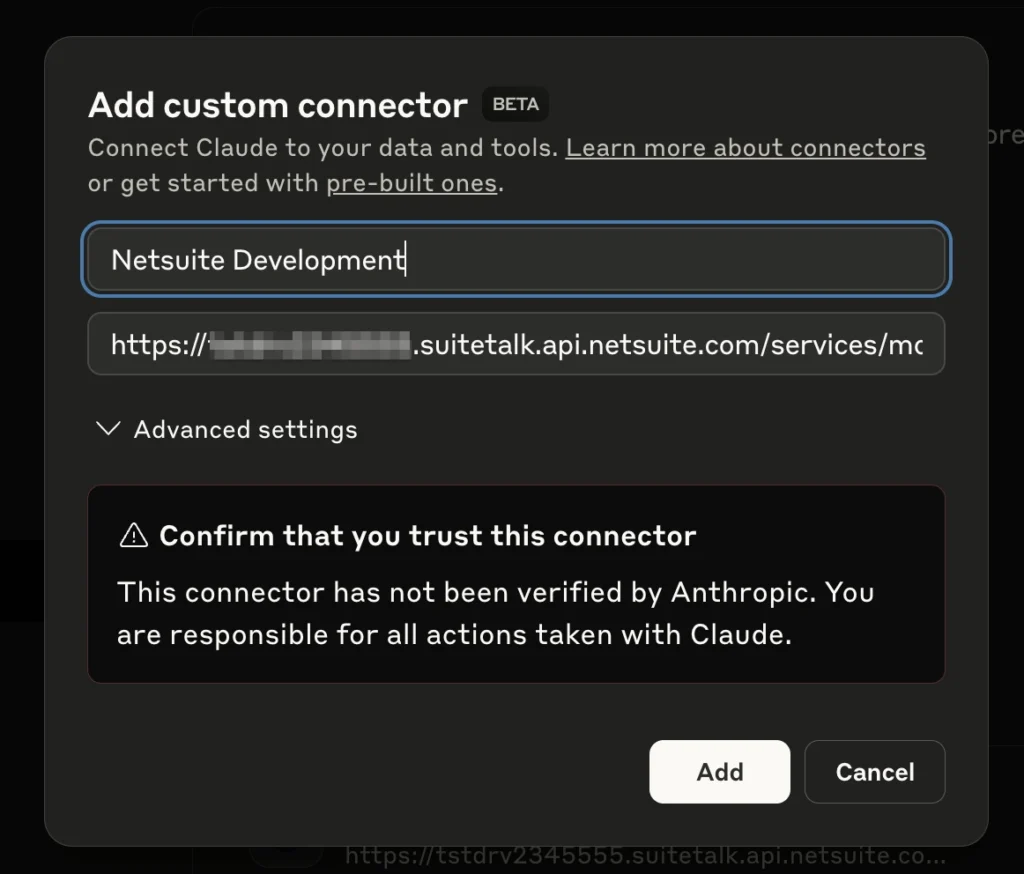 Add custom connector | NetSuite AI Connector